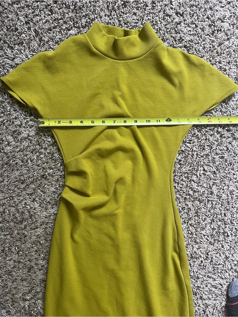 Zara Chartreuse Green Mock Neck Ruched Midi Dress Sm Short Sleeve Stretch Knit - Picture 3 of 9